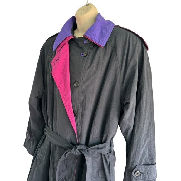 VTG 80s London Towne Limits Womens Sz 12 Black Purple Color Block Trench Coat - Picture 2 of 11